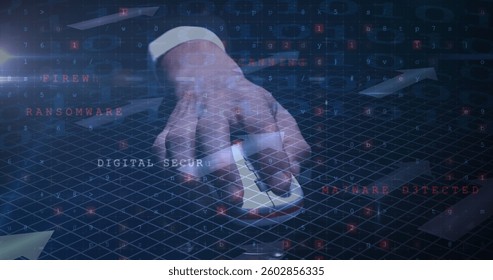 Image of cyber attack warning text over man using mouse. digital interface global connection concept digitally generated image.