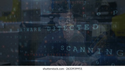 Image of cyber attack warning text and data processing over caucasian hacker. Global technology, online security and digital interface concept digitally generated image.