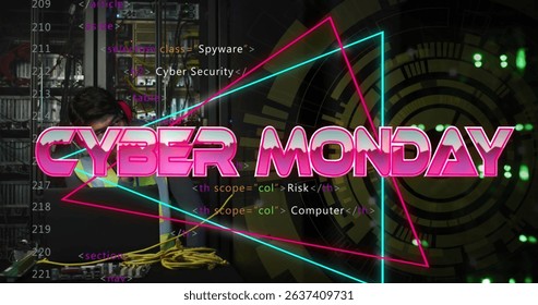 Image of cyber monday text with data processing and scope scanning over asian man in server room. Global business, computing and digital interface concept digitally generated image.