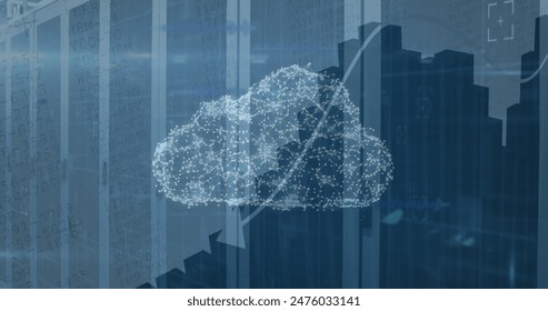 Image of cyber security concept icons and statistical data processing against server room. Cyber security and business data storage technology concept