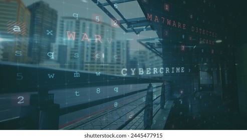 Image of cyber security data processing against time-lapse of city traffic. Cyber security and business technology concept
