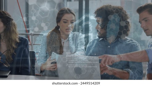 Image of cyber security data processing over diverse colleagues using laptop and discussing. Cyber security and business technology concept