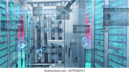 Image of cyber security data processing and mathematical equations against computer server room. Cyber security and business data storage technology concept