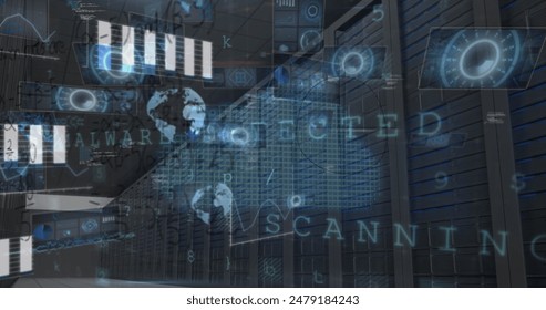 Image of cyber security data processing and mathematical equations against computer server room. Cyber security and business data storage technology concept