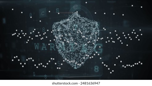 Image of cyber security data processing over security sheild icon against black background. Cyber security and business technology concept