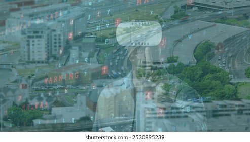 Image of cyber security, data processing and numbers over caucasian man in vr headset. Network, data processing, digital security and technology concept digitally generated image.