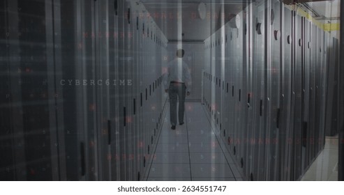Image of cyber security data processing against male engineer walking in server room. Global economy and business data storage technology concept