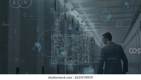 Image of cyber security data processing against caucasian male engineer walking in server room. Global economy and business data storage technology concept