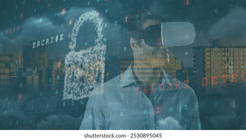 Image of cyber security, digital padlock and numbers over caucasian man in vr headset. Network, data processing, digital security and technology concept digitally generated image.