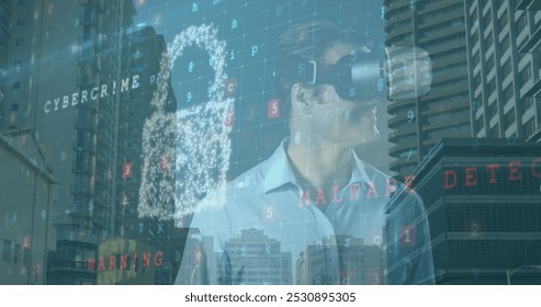 Image of cyber security, digital padlock and numbers over caucasian man in vr headset. Network, data processing, digital security and technology concept digitally generated image.