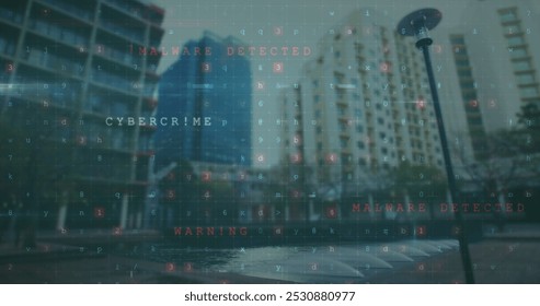 Image of cyber security and numbers over cityscape. Network, data processing, digital security and technology concept digitally generated image.