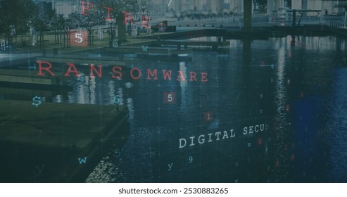 Image of cyber security and numbers over cityscape. Network, data processing, digital security and technology concept digitally generated image.