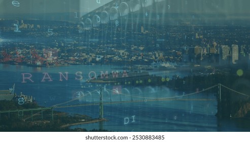 Image of cyber security and numbers over cityscape. Network, data processing, digital security and technology concept digitally generated image.