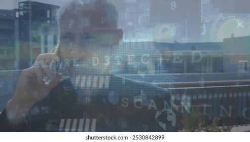 Image of cyber security processing over caucasian senior businessman talking on smartphone. Computer interface and business networking technology concept