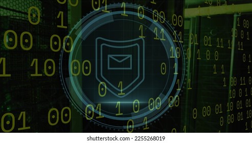 Image of cyber security and shield with email in circle over binary code on black background. Internet safety, data security, data processing and technology concept digitally generated image.