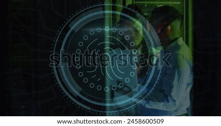 Image of cyber security text, biometric over african american engineers discussing in data room. Digital composite, laptop, network security, data center, networking, technology, network server.