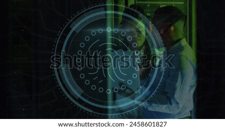 Image of cyber security text, biometric over african american engineers discussing in data room. Digital composite, laptop, network security, data center, networking, technology, network server.