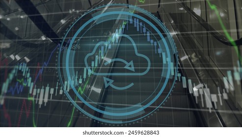 Image of cyber security text, cloud, arrows in loading circles, shield, graphs over escalators. Digital composite, multiple exposure, cloud computing, report, business, progress and technology.