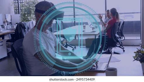 Image of cyber security text data processing over diverse business people in office. Global computing, digital interface and data processing concept digitally generated image.