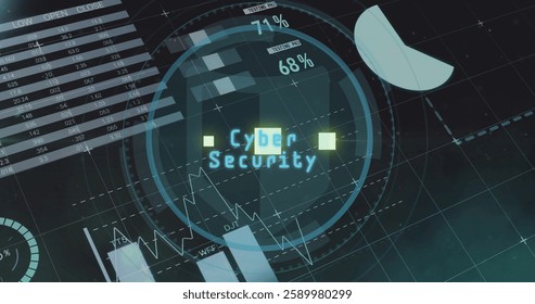 Image of cyber security text and data processing over dark background. Global cyber security, connections, computing and data processing concept digitally generated image.