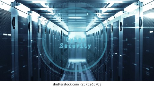 Image of cyber security text, digital data processing over computer servers. Global cyber security, connections, computing and data processing concept digitally generated image.