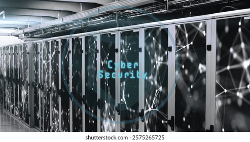Image of cyber security text, digital data processing over computer servers. Global cyber security, connections, computing and data processing concept digitally generated image.
