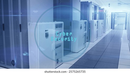 Image of cyber security text, digital data processing over computer servers. Global cyber security, connections, computing and data processing concept digitally generated image.