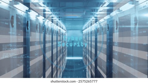 Image of cyber security text, digital data processing over computer servers. Global cyber security, connections, computing and data processing concept digitally generated image.