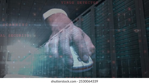 Image of cyberattack and envelope icons over and using computer mouse server room. global data processing, computing and digital interface concept digitally generated image.