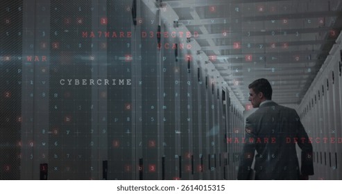 Image of cyberattack over caucasian man in server room. global data processing, computing and digital interface concept digitally generated image.