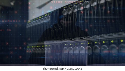 Image of cyberattack over server room and hacker using laptop. global data processing, computing and digital interface concept digitally generated image.