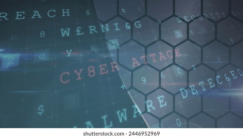 Image of cyberattack warning text and numbers changing over hexagons. digital interface global connection and communication concept digitally generated image.