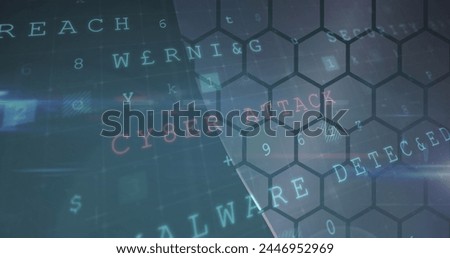 Image of cyberattack warning text and numbers changing over hexagons. digital interface global connection and communication concept digitally generated image.