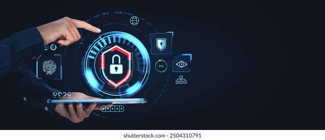 Image of a cybersecurity digital interface with padlock and fingerprint icons. Dark background. Concept of data security and protection