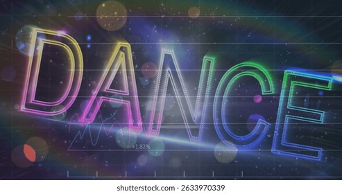 Image of dance and lights over financial graphs on black background. Finance, economy, music and data processing concept digitally generated image.