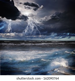 Image Of Dark Night With Lightning Above Stormy Sea