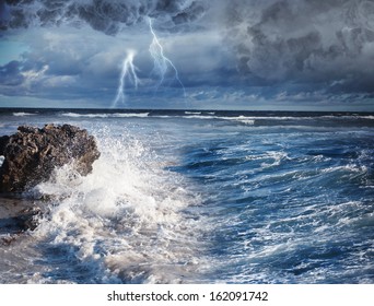 Image Of Dark Night With Lightning Above Stormy Sea