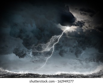 Image Of Dark Night With Lightning Above Stormy Sea