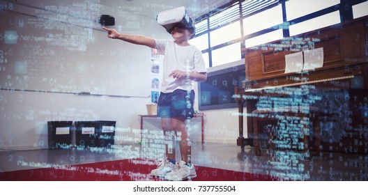Image of data against boy wearing virtual reality 3D simulator dancing at home