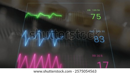 Image of data and cardiographs over pills. Technology, medicine and digital interface concept digitally generated image.