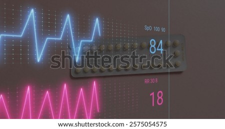 Image of data and cardiographs over pills. Technology, medicine and digital interface concept digitally generated image.