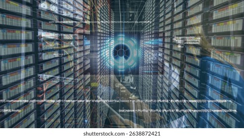 Image of data and caucasian man checking servers. Network, computers, data and technology concept digitally generated image.