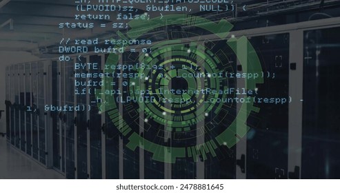 Image of data coding and circular scanner over server room. Data, processing, technology, digital interface and communication, digitally generated image.