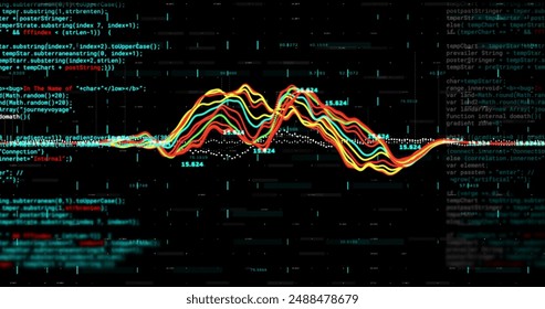 Image of data and colourful graph processing over grid on black background. Connection, data, processing, digital interface and communication, digitally generated image.