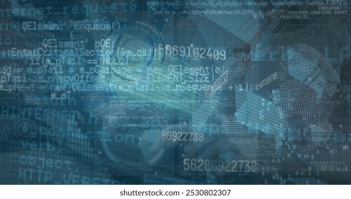 Image of data, digital screens, arrows and numbers over school children in classroom. Data processing, digital interface and global network concept digitally generated image.
