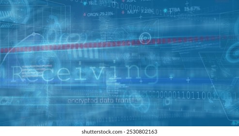 Image of data, digital screens, graphs and texts on blue background. Data processing, digital interface and global network concept digitally generated image.