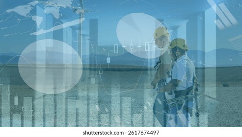 Image of data financial processing over windmill and workers. global connection, digital interface, ecology, energy concept digitally generated image.