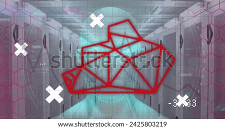 Image of data, globe, crosses and bear head over servers. Global network, connections, communication, data processing, finance and technology concept digitally generated image.