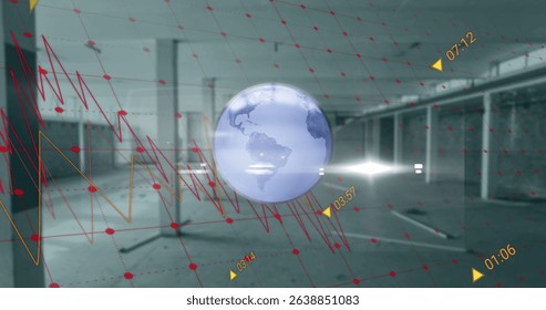Image of data, graphs with grids moving on rotating globe against building interior. Digital composite, global business, technology, finance, economy, development, architecture.