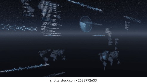 Image of data and graphs on black background. Network, connections and technology concept digitally generated image.